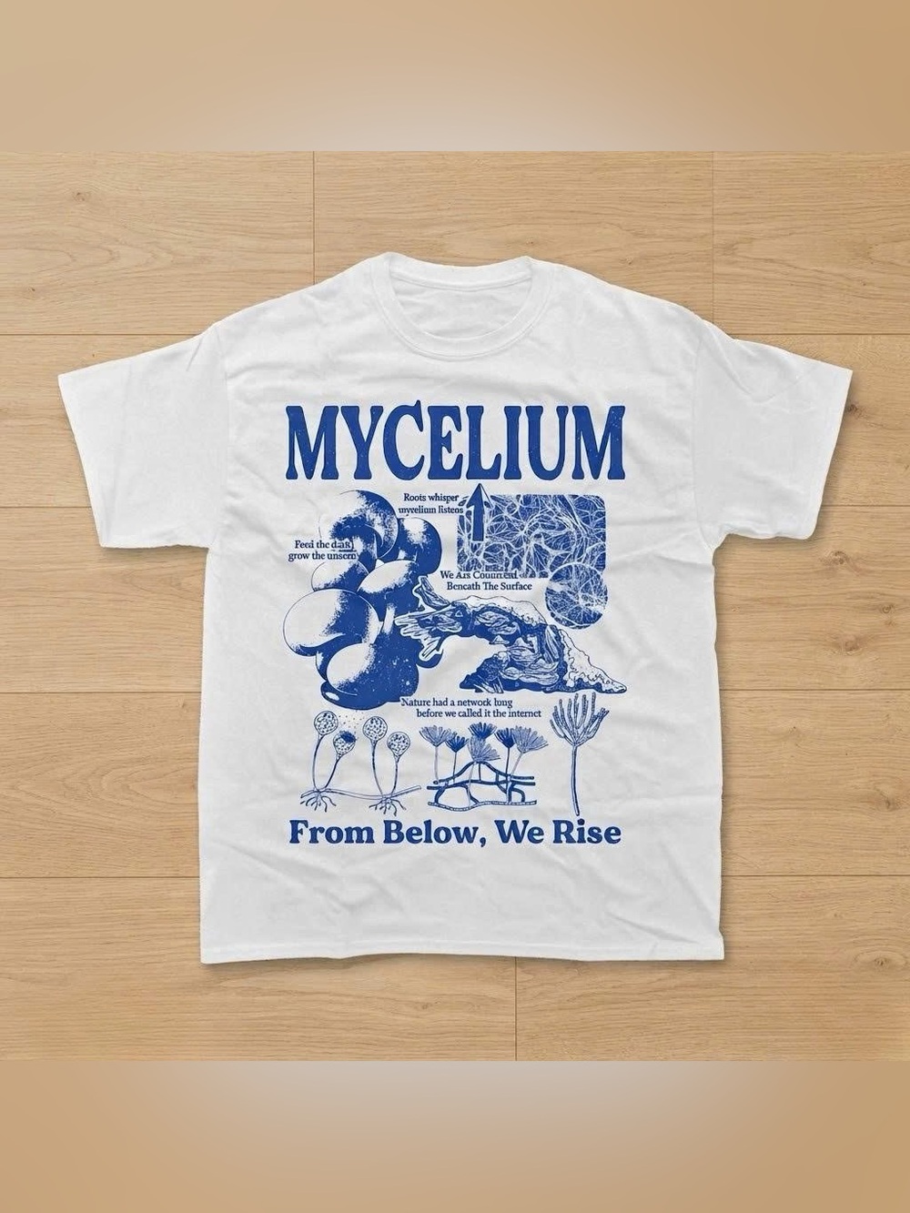 Vintage White Tee with Blue Mycelium ‘From Below, We Rise’ Graphic